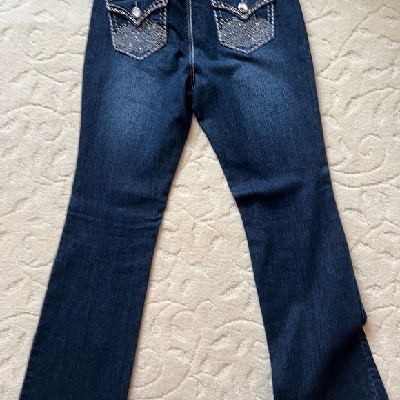 one 5 one Women's Boot Cut Jeans - Dark Blue gem stone decorations on pockets - Picture 6 of 10